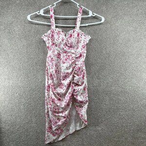 Shein Women's Size M Stretch Pink White Floral Ruffle Strappy Sleeve Dress